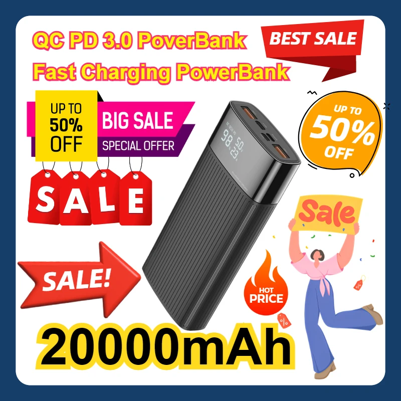 

20000 mAh USB External Battery Charger For iPhone 16 15 Power Bank 20000mAh QC PD 3.0 PoverBank Fast Charging PowerBank