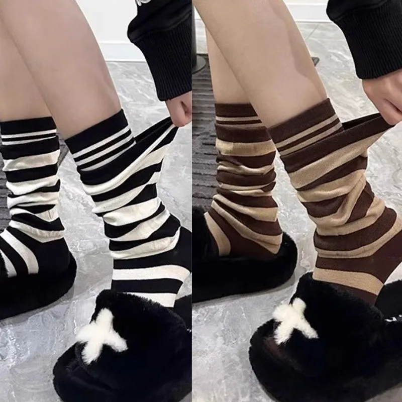 

Winter Warm Double Layered stockings Colorful Stripe Socks Women Thermal Mid Calf Length Japanese Casual Harajuku Fashion Sock