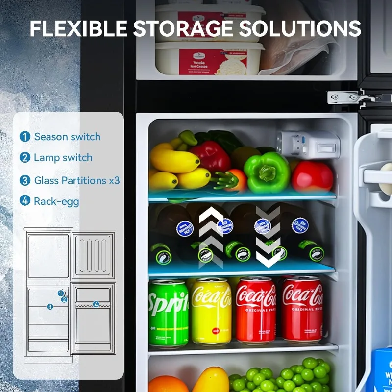 3.6 Cu.Ft Fridge with Freezer, Double Door Refrigerator with 6 Level Thermostat, LED Light, Adjustable Glass Shelves for Bedroom