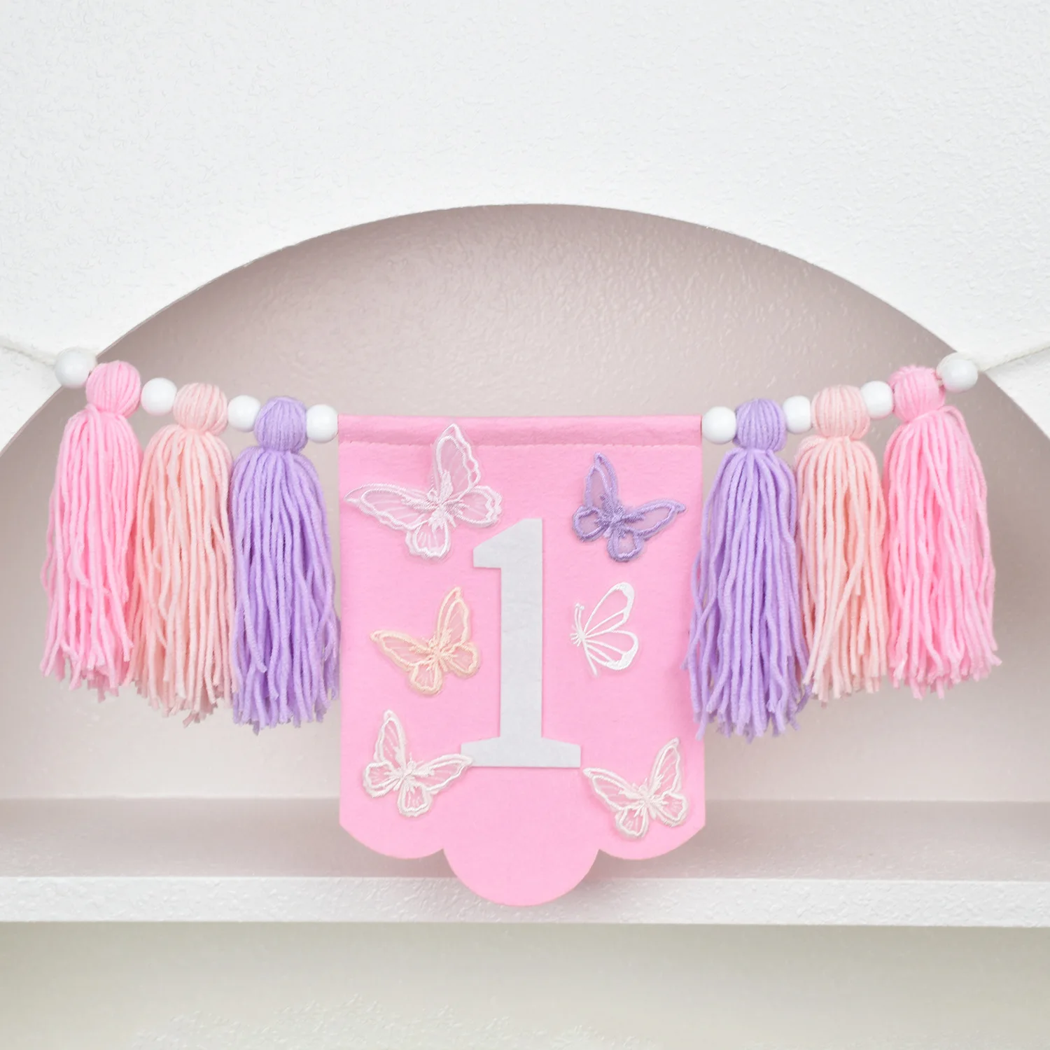 

Girls 1st Birthday Butterfly High Chair Banner Cute Fairy Pink and Purple Tassel Wall Decor 1st Birthday Party Room Decoration