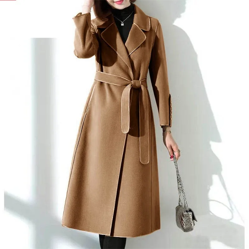 

Новое модное длинное кашемировое пальто из двойной овечьей шерсти, Женская Корейская осенне-зимняя высококачественная шерстяная куртка на шнуровке, Женское пальто H2611