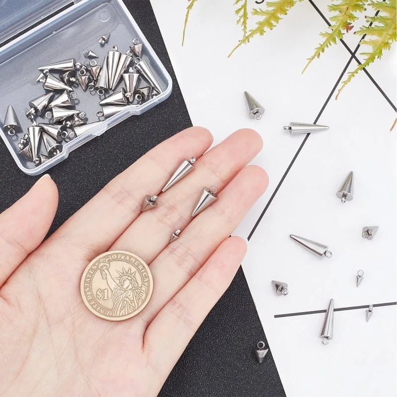 48pcs 4 Sizes Cone Charms Spike Hypoallergenic Pendants Stainless Steel Charms Small Hole Cone Pendants for DIY Earring