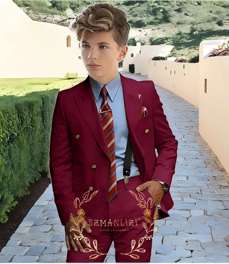 

Boys Suit Double Breasted Peaked Lapel 2 piece Blazer Pants Custom Made for 2~16 Year Old Children Formal Occasion Slim Fit Suit