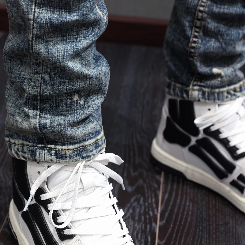 Fashion Vintage Men Jeans Retro Gray Blue Elastic Stretch Slim Fit Patched Ripped Jeans Men Painted Designer Denim Pants Hombre