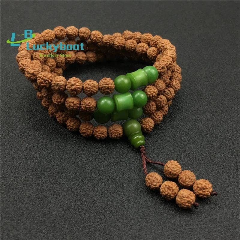 Selected 8mm Natural 5-petal Rudraksha Bracelet Buddhist 108 Prayer Beads Mala Bracelets or Long Necklace for Men Women Dropship