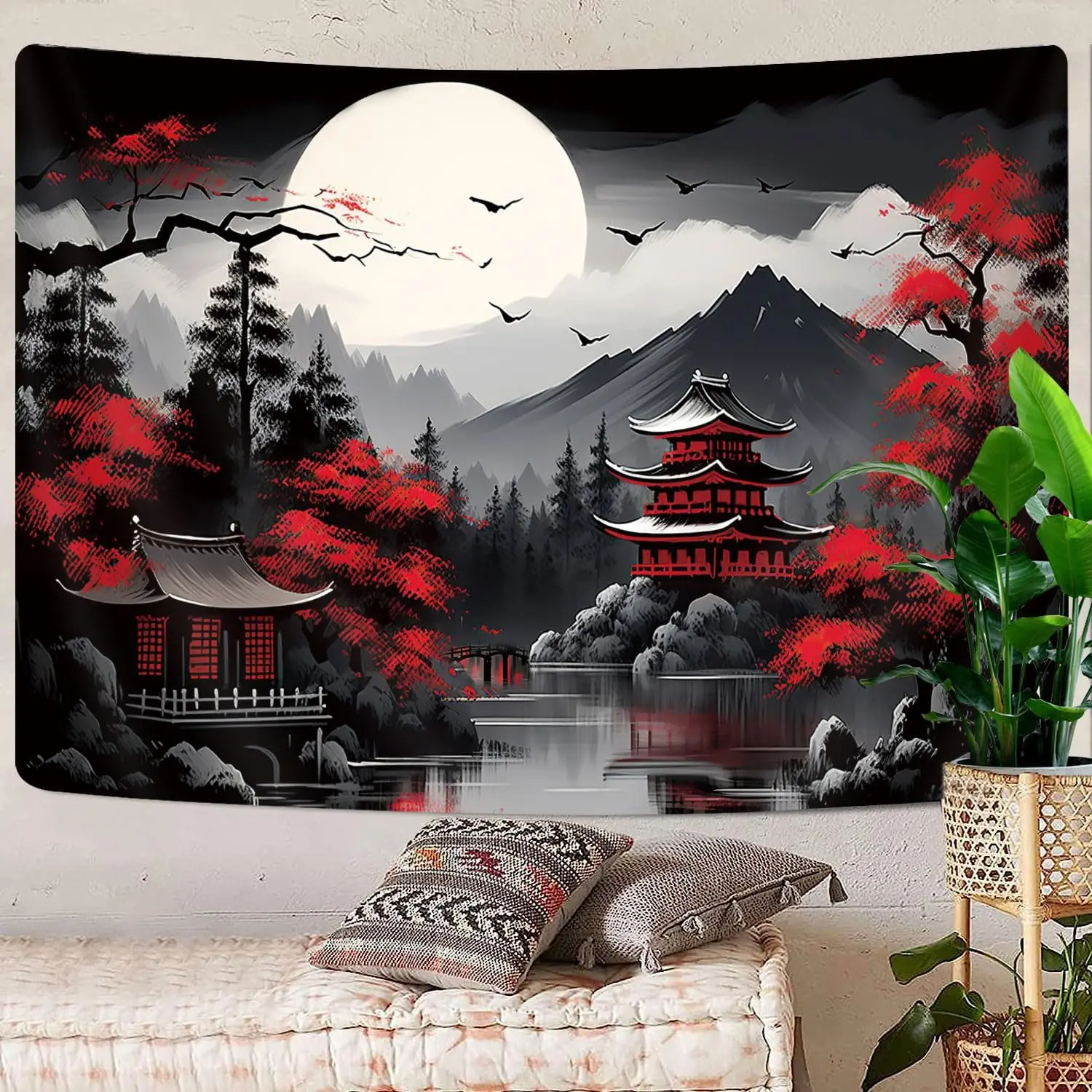 Mountain Forest Nature Tapestry for Bedroom, Black and White Moon Landscape Wall Hanging, Tree Sunset Dark Large Asia Japanese