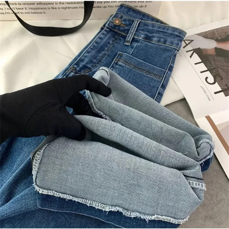 Spring Fall Casual Vintage Pantalones Slim Vaqueros Pockets Streetwear High Waist Flare Denim Pants Women Korean Straight Jeans
