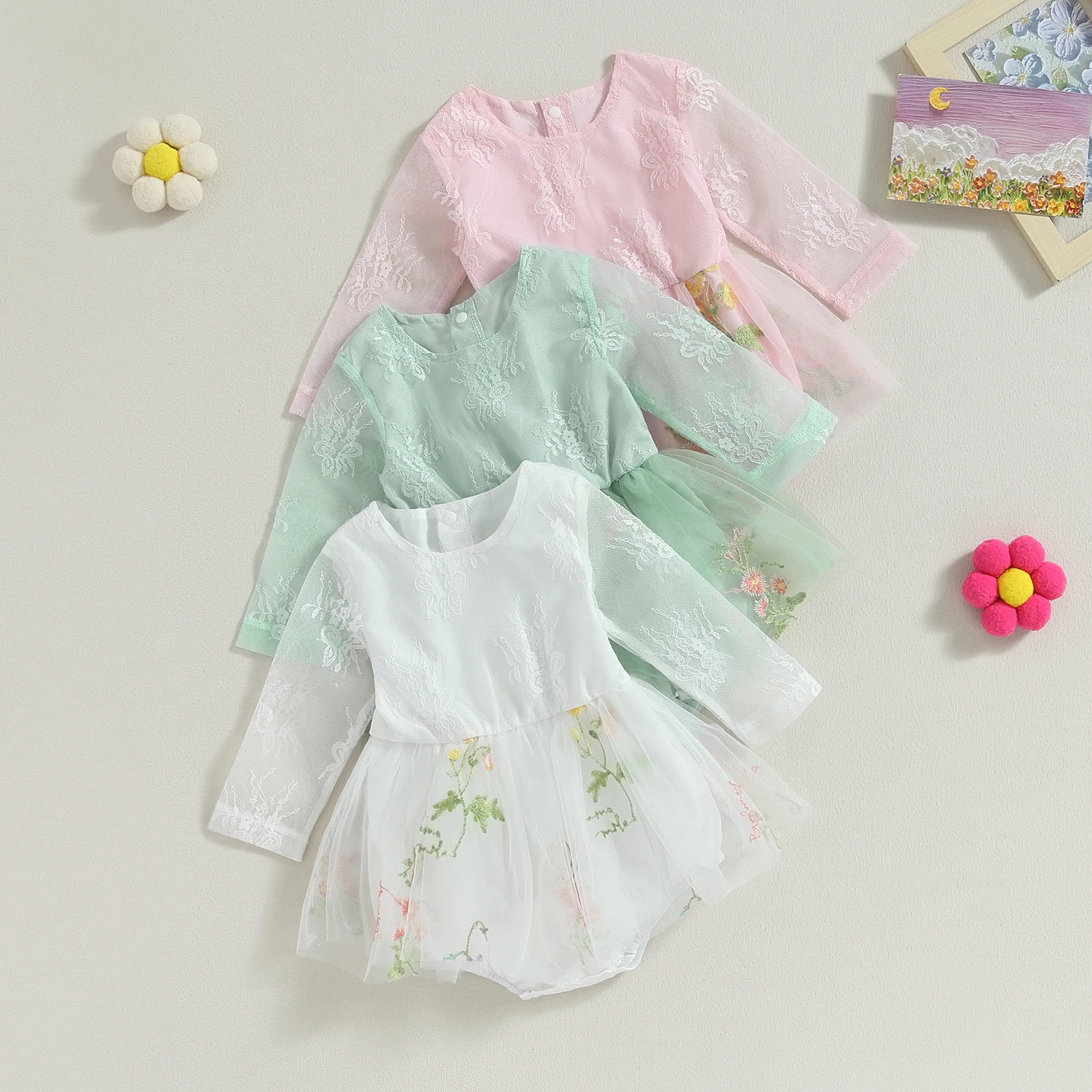 

Infant Baby Girls Fall Spring Lace Romper Dress Butterfly Flower Embroidery Long Sleeve Round Neck Tulle Bodysuits Jumpsuit