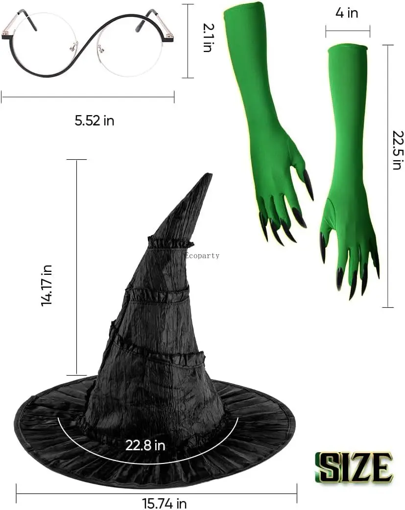 4 gafas de disfraz de bruja, sombrero malvado, guantes de bruja malvada verde, accesorios de Cosplay de película de Halloween, accesorios para mujeres, juegos de rol