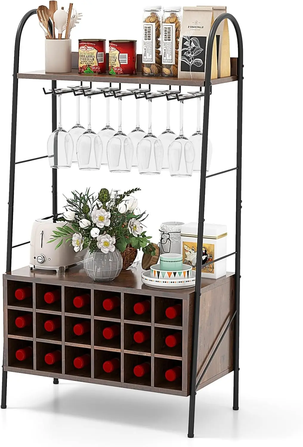 

Напольная кухонная полка-стеллаж на 18 бутылок с держателем на 15 стаканов, 2 полками для хранения и системой защиты от опрокидывания, Металл