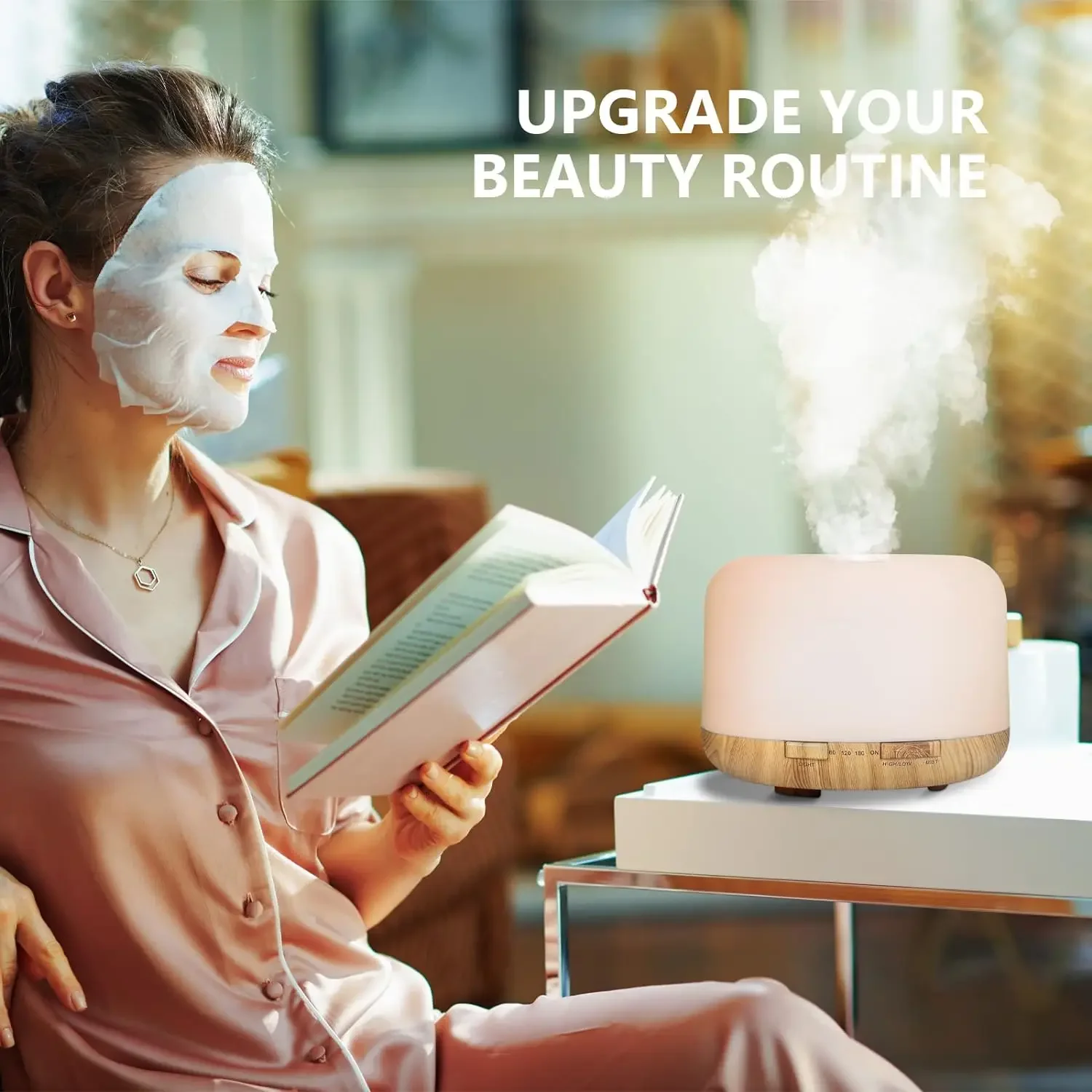 500ML USB 우드 그레인 아로마 디퓨저, 에센셜 오일 디퓨저, 리모컨이 있는 가습기, 가정용 다채로운 야간 조명