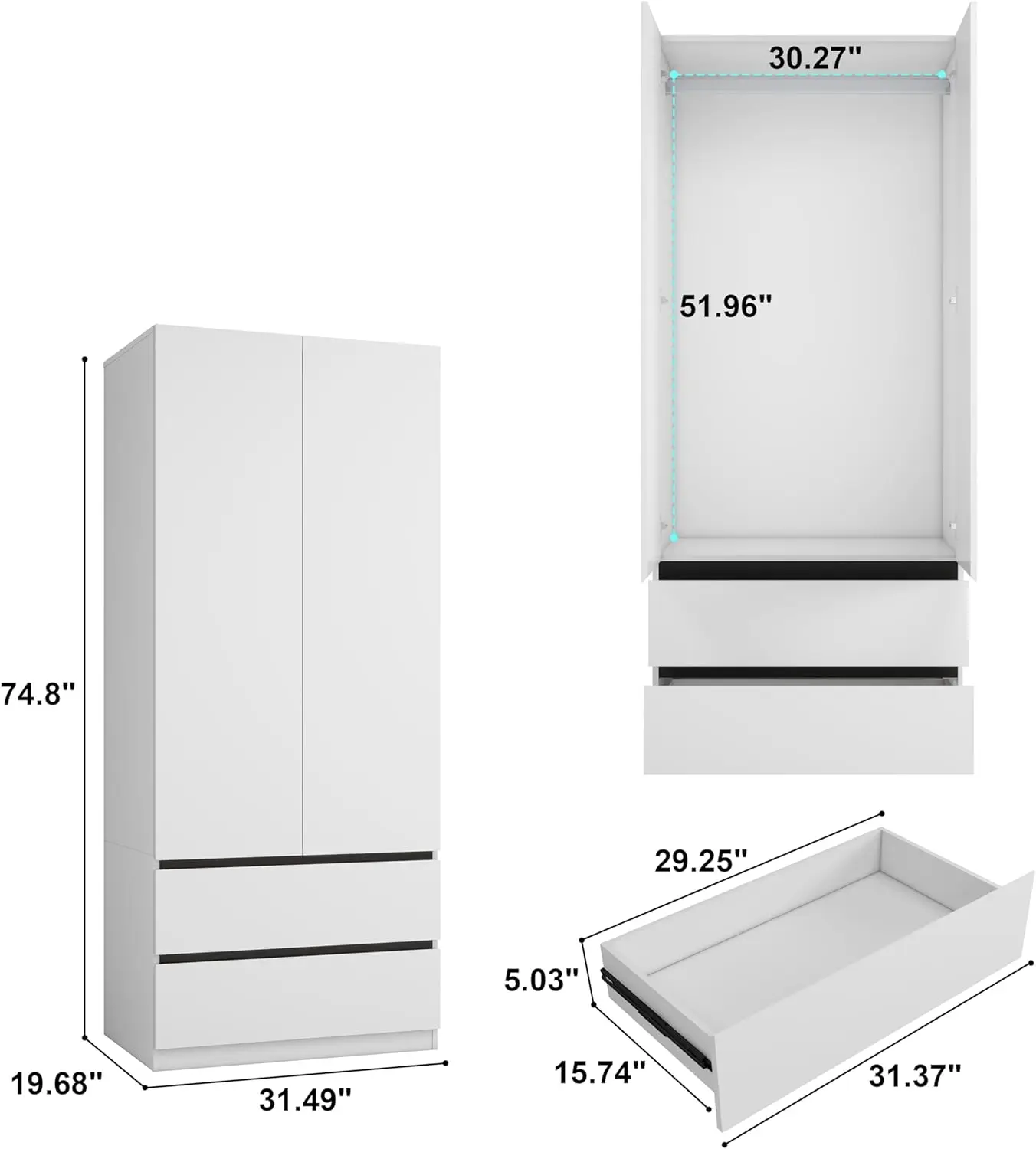 Bedroom Armoire Wardrobe Closet with 2 Doors: 75