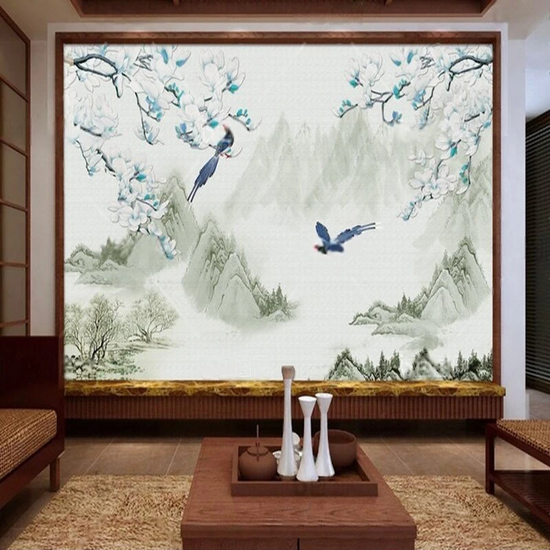 

Simple Chinese-style Jiangnan magnolia painting living room TV luxurious home decoration bedroom background wall