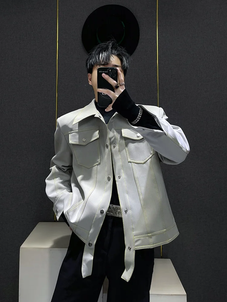 

Deconstructed Shoulder Pad Jacket for Men Stylish American High-End Feeling Trendy Shirt Collar Long Sleeve Short Coat