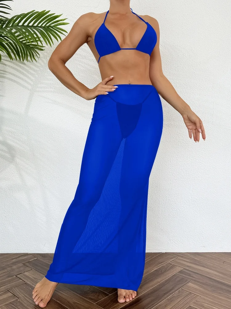 Costume da bagno donna bikini 2025 Nuovo design halter solido Bikini Set Costumi da bagno sexy con lacci Estate Set da 3 pezzi Costume da bagno beachwear