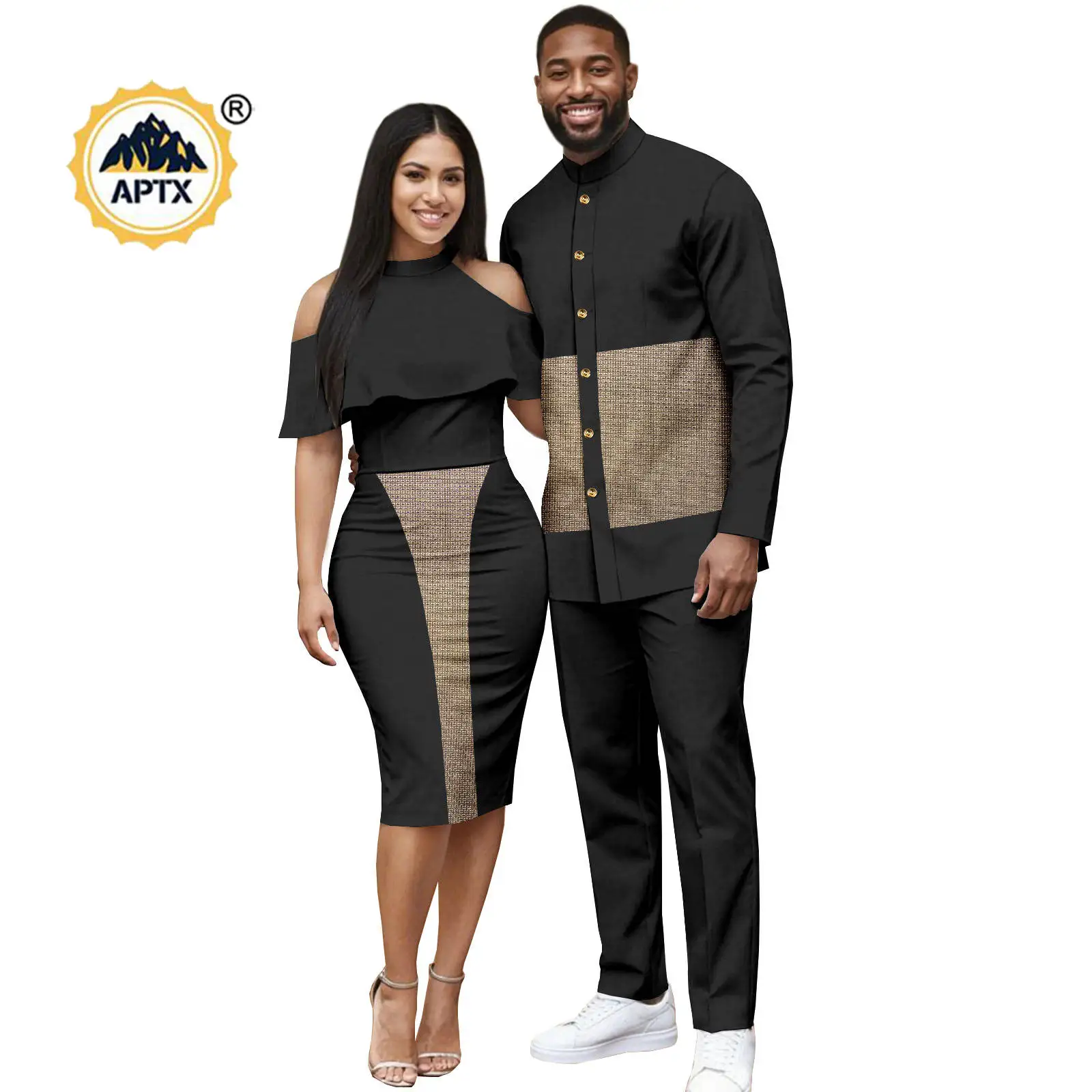 

African Off the Shoulder Slim Hip Dresses for Women Matching Couples Outfits Dashiki Men Top and Pants Sets Bazin Riche 25C065