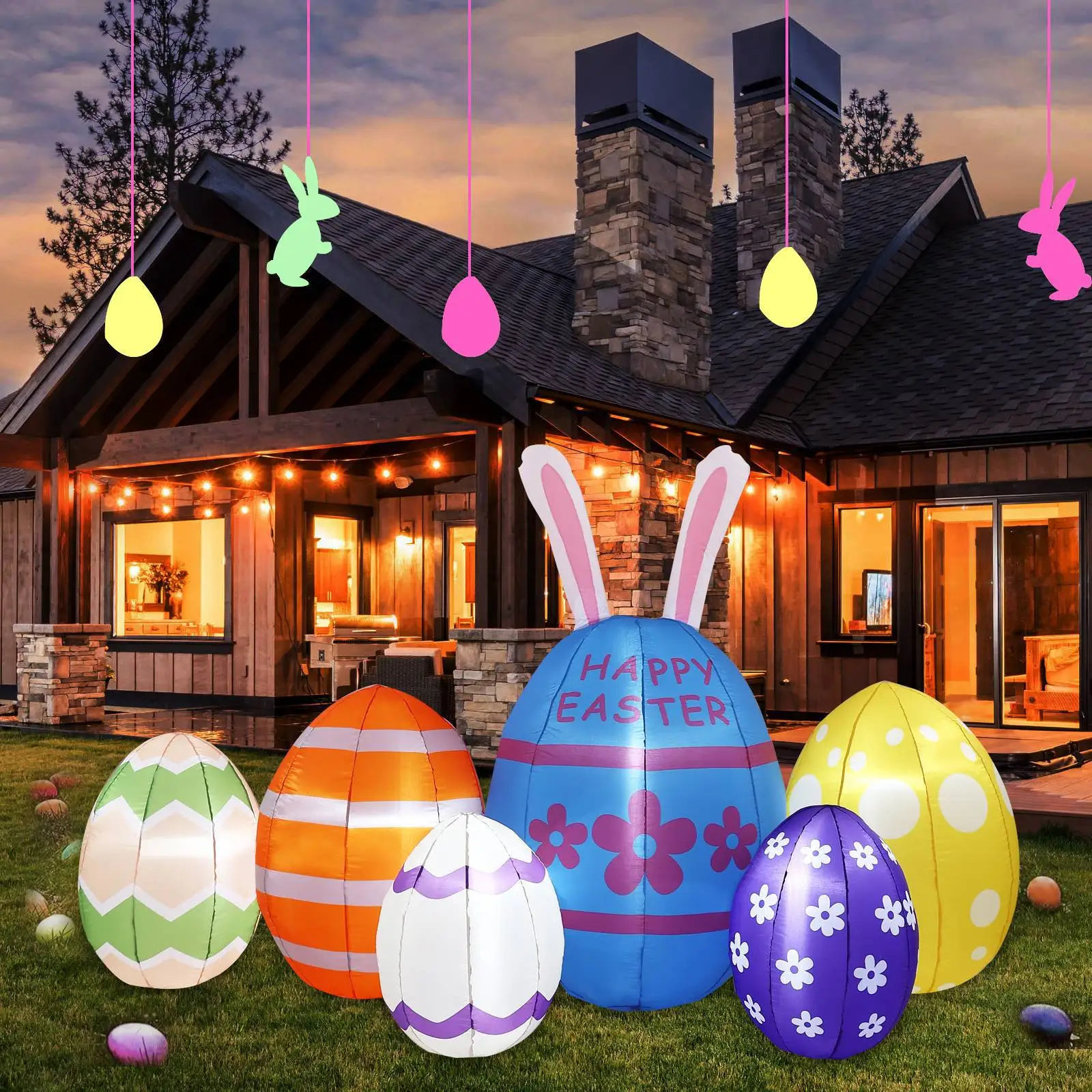 مناسبة للزينة القابلة للنفخ لعيد الفصح عبر الحدود 2.. 6 أمتار بيض مضيئة وستة زينة لإضاءة الحديقة