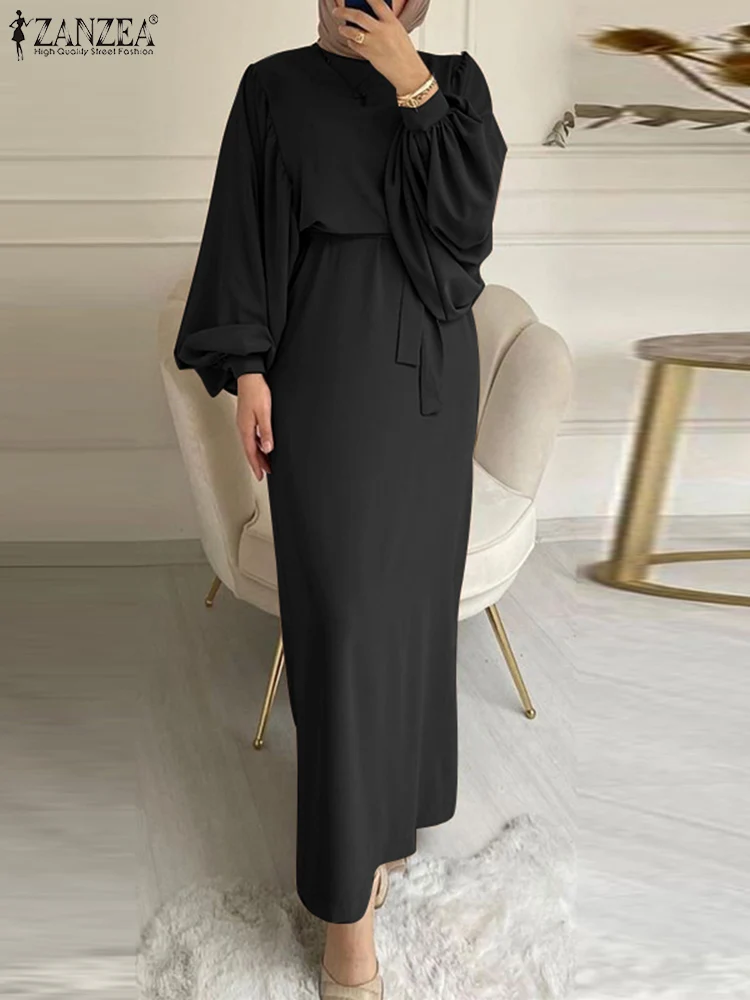 

ZANZEA Muslim Fashion Elegant Party Dress Women Luxury Lantern Sleeve Tied Waist Maxi Dress Autumn Islamic O Neck Long Vestidos