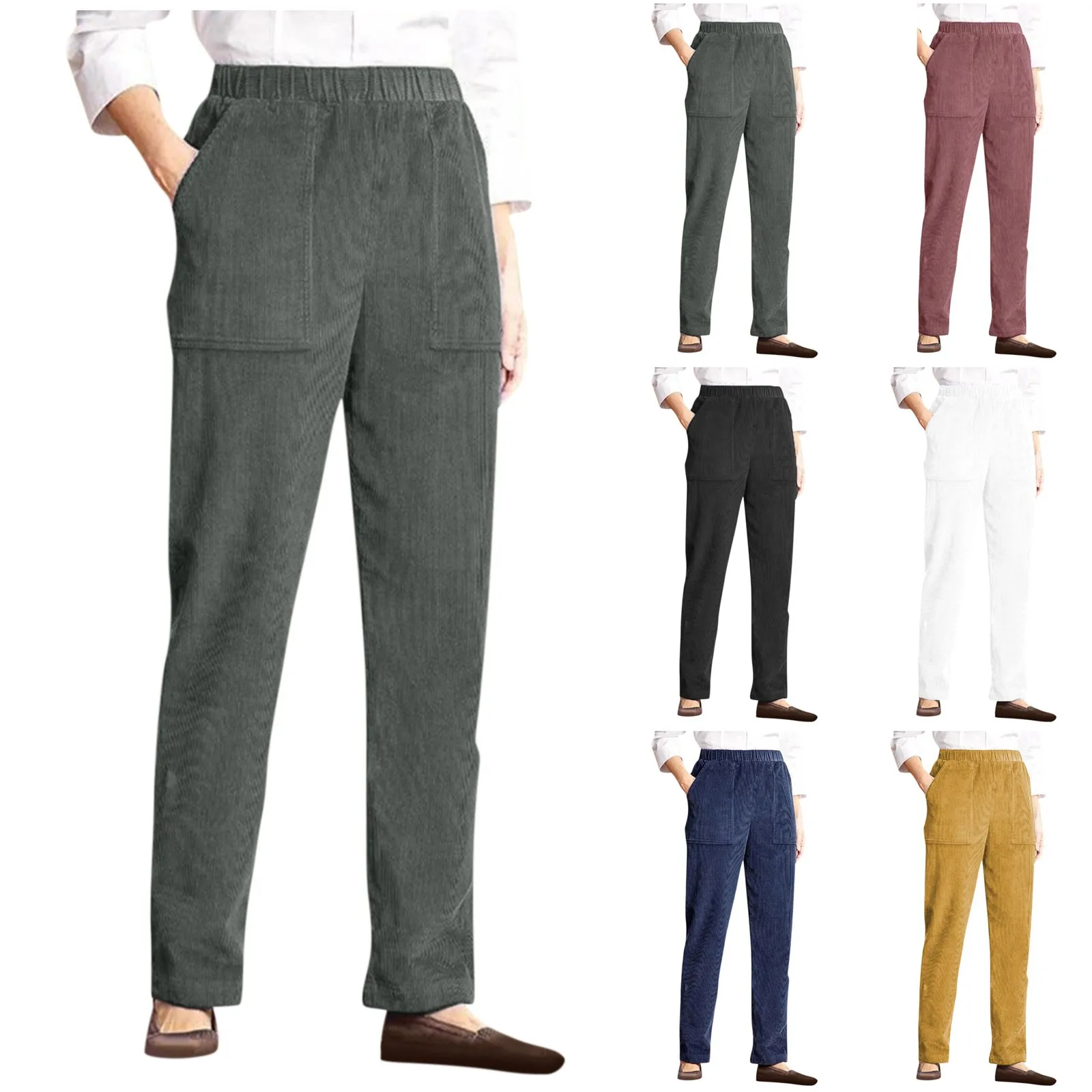 Women's Corduroy Pants Casual High Waist Straight Leg Pants Solid Color Comfy Baggy Pants Trousers with Pockets