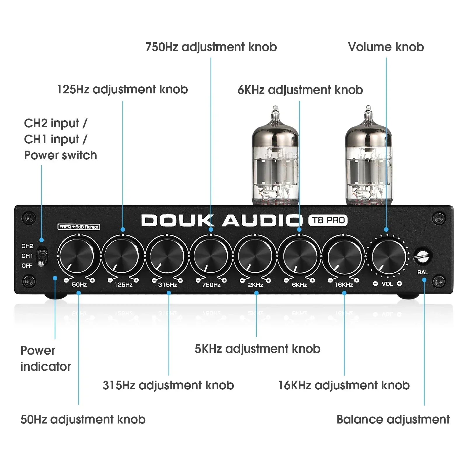 Douk Audio HiFi Valve Tube Stereo Balanced XLR/RCA Preamp 7-band EQ Equalizer Home Desk Headphone Amp