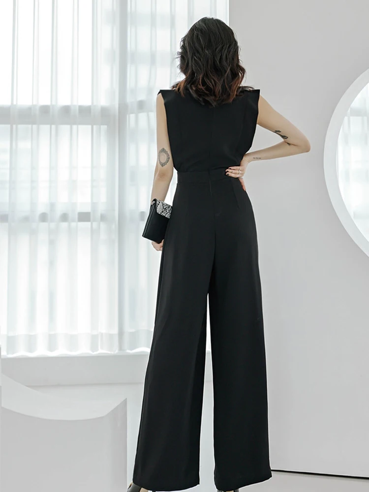 New Summer One Piece Jumpsuits Elegant Office Women Formal Black Sleeveless Party Female Mujer High Waist Wide Leg Loose Rompers