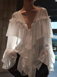 Mesh Sheer Shirt Women Elegant Pleated Layered Deep V Neck Flare Sleeve Pullover Blouse Female 2026 New Commute High Streetwears