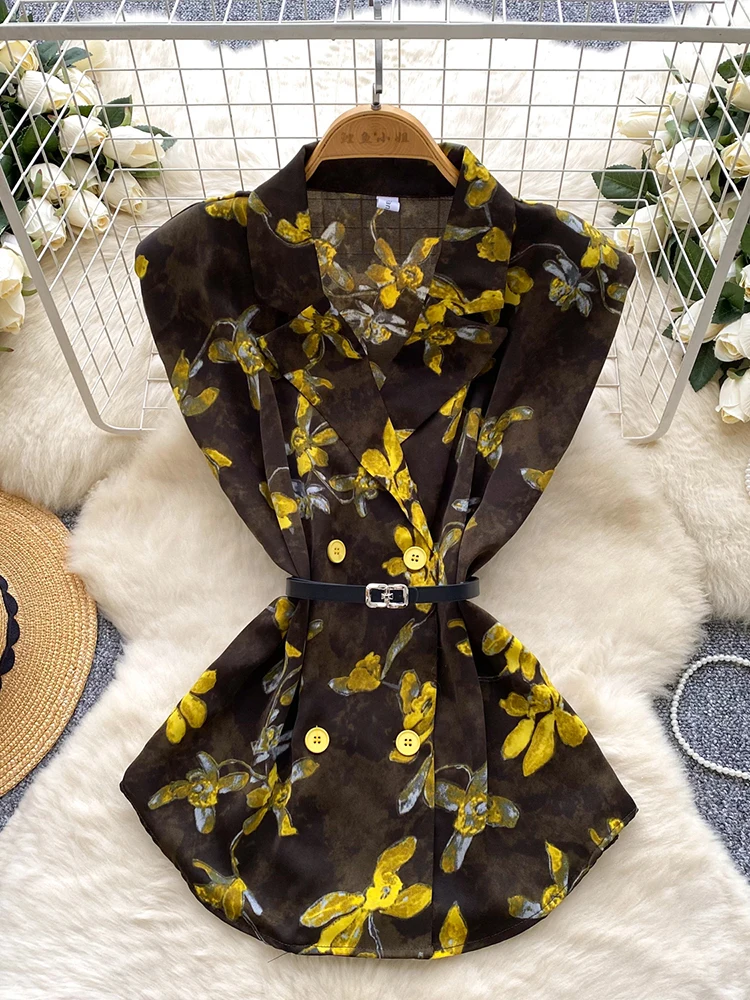 夏の女性のノッチ襟ノースリーブプリントシャツ新しいファッショナブルな通勤多用途休暇シフォンブラウストップ C295