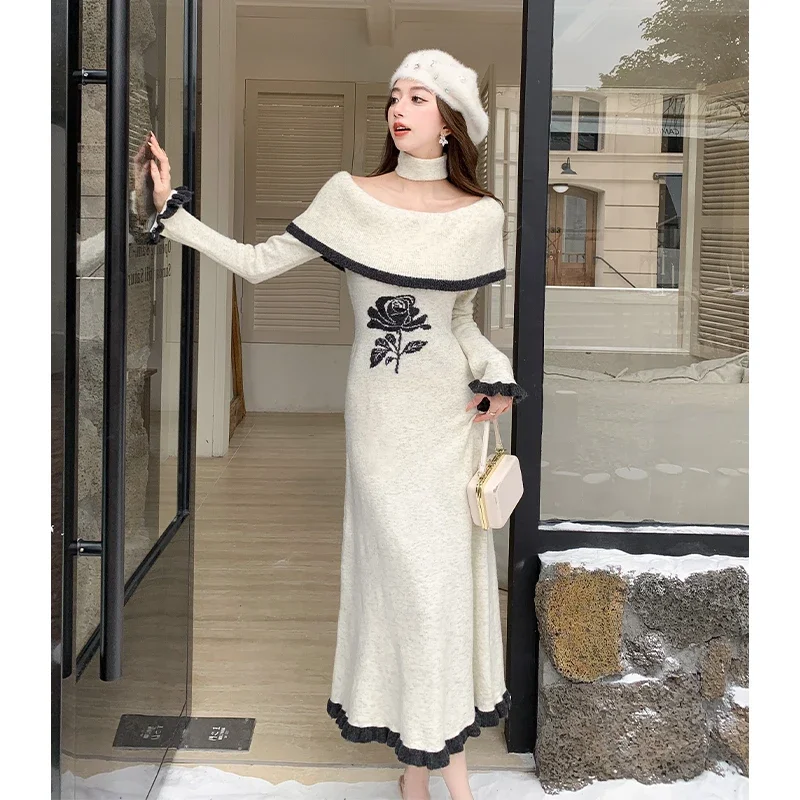 Ofallsis French Temperament Gentle Style Slim Fit Dress 2024 Autumn Winter New Apricot Ruffled One Shoulder Knitted Dresses