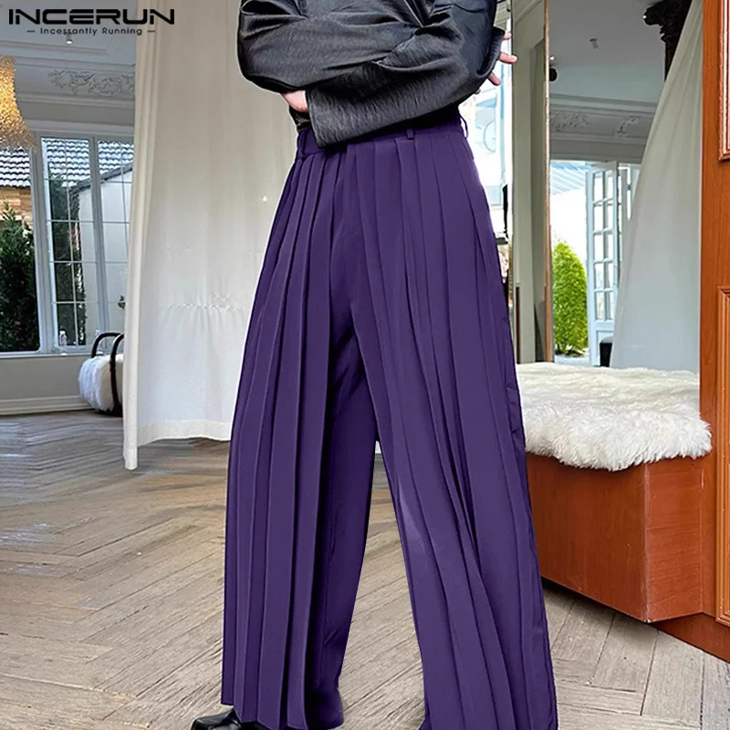 

INCERUN Men Pants Solid Color Pleated Joggers Fashion Casual Wide Leg Trousers Men Streetwear Joggers Fashion Male Long Pants