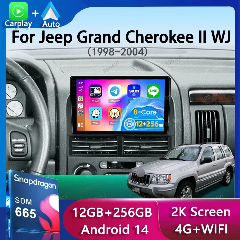 Android 14 Carplay Auto Car Radio For Jeep Grand Cherokee II WJ 1998 - 2004 Navigation GPS Multimedia Player Stereo WIFI+4G 2DIN