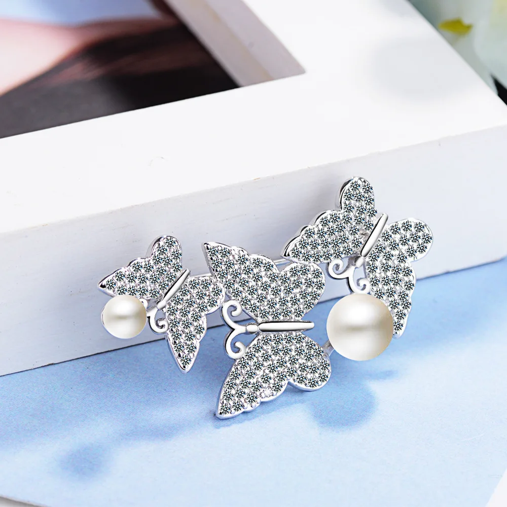 Luxury Butterfly Pearl CZ Crystal 925 sterling silver Brooches for Women Wedding Suit-coat Insect Broches Pins Party Jewelry