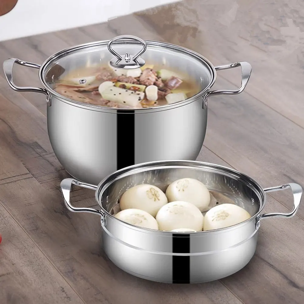 

1pcs Stainless Steel Steamer Pot Multifunctional Soup Cooking Boiler Double Handles Large Capacity For Vegetables Dumplings Buns