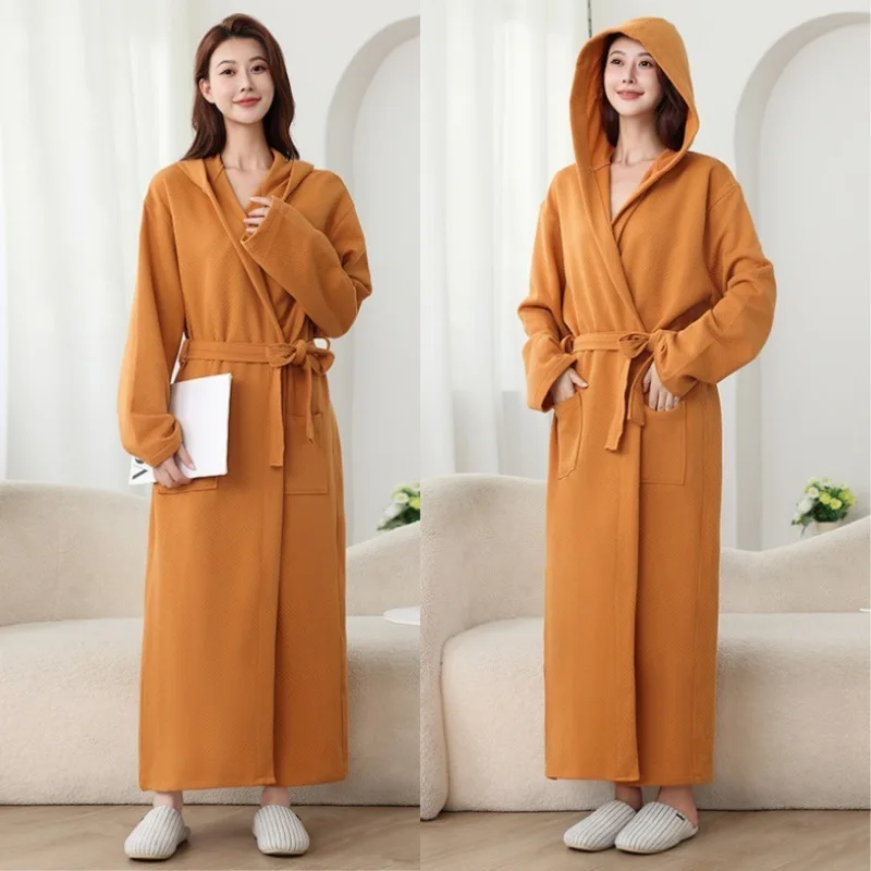 Extended Hooded Bathrobe Cotton Absorbent Bathrobe Hotel Couple Nightgown Autumn and Winter Four Seasons Cross-Border Amazon Del