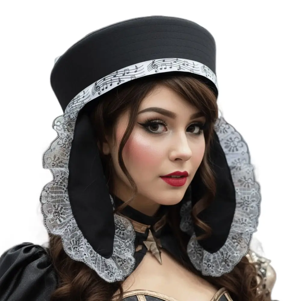 

Fashion Lace Rabbit Ear Beret Handmade Black Lolita Cap Musical Symbols Pattern Sailors Hat Women Girls