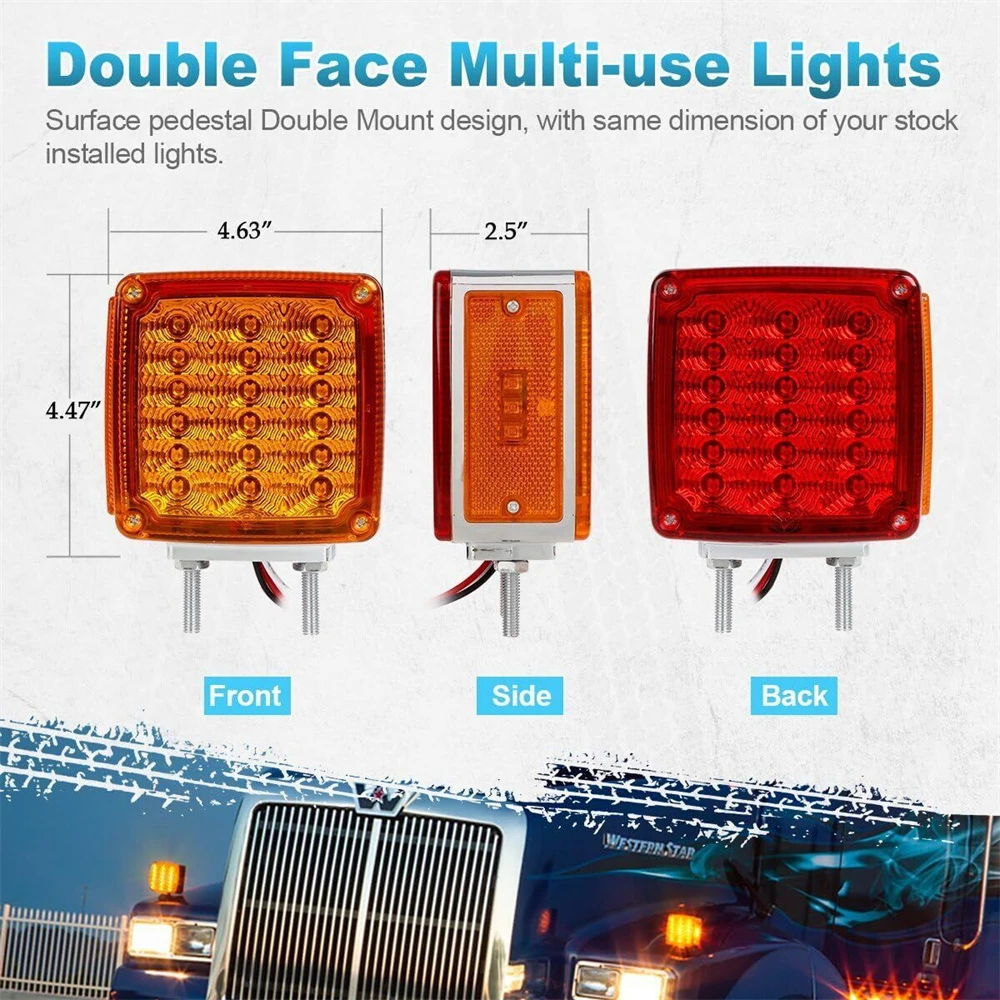 2PCS Turn Signal Light 39LED Red Amber Square Dual Face Stud Mount Pedestal Fender Truck Trailer Side Marker Rear Tail Lights