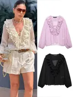 HH elegante camisa Retro de manga larga con cuello en V y volantes para mujer, Top informal de verano 2025, camisa fina translúcida a la moda para mujer