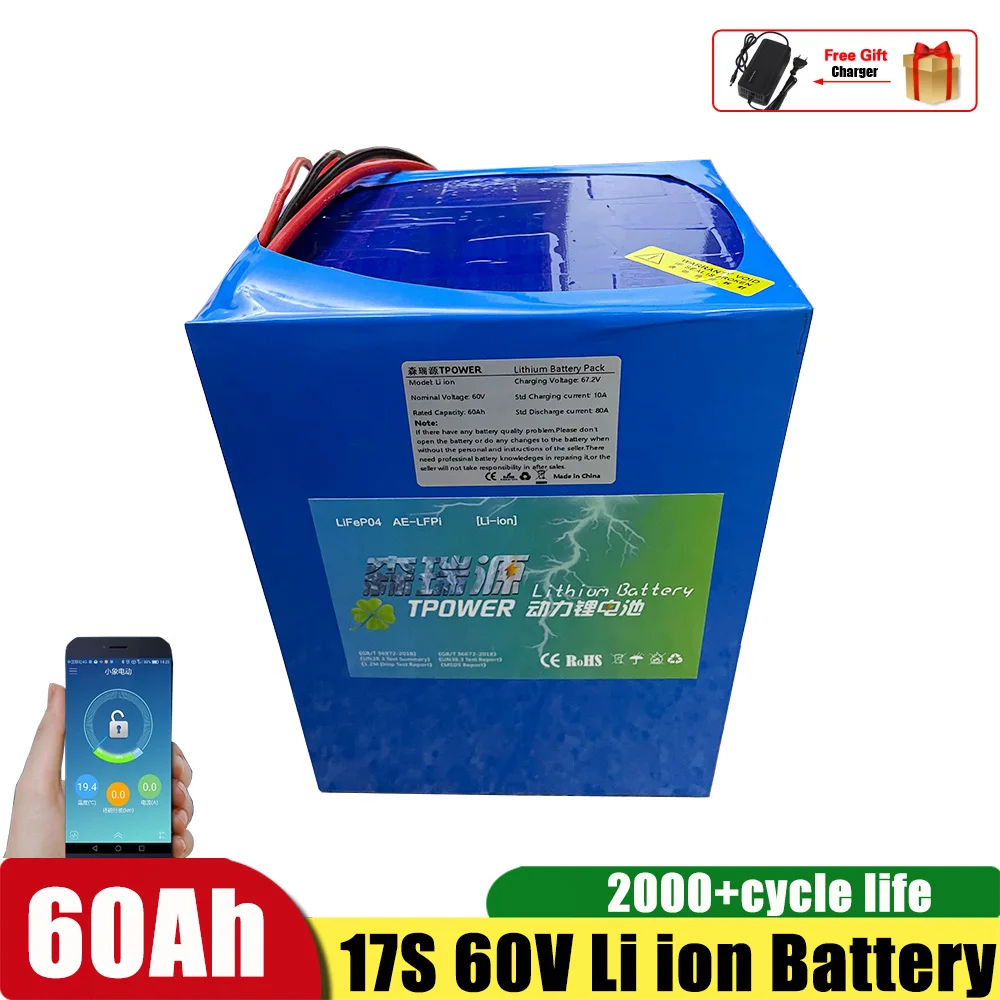 17S 60V 60Ah batería de iones de litio con BMS Bluetooth para 2500W 3000W triciclo eléctrico Scooter motocicleta + cargador 10A
