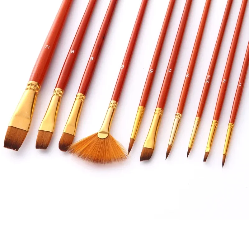 

10Pcs/lot Wooden Handle Nylon Hair Paint Brushes Short Rod Oil Acrylic Brush Watercolor Pen Professional Art Supplies