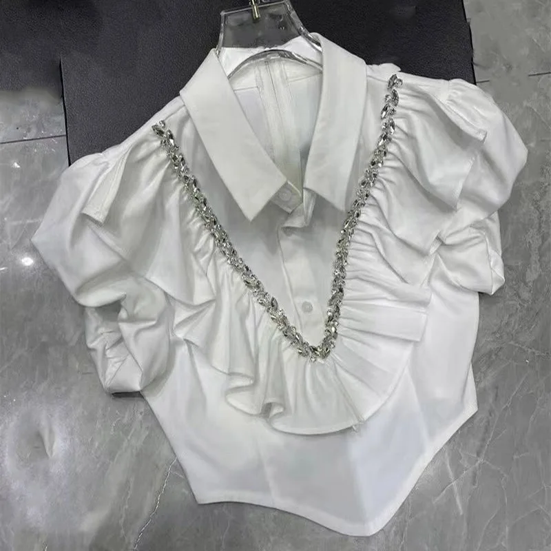 French Retro Romantic Heavy Rhinestone Short-Sleeve Shirt Women Summer 2023 New High-Grade Fashion Ruffled White Blouse Crop Top