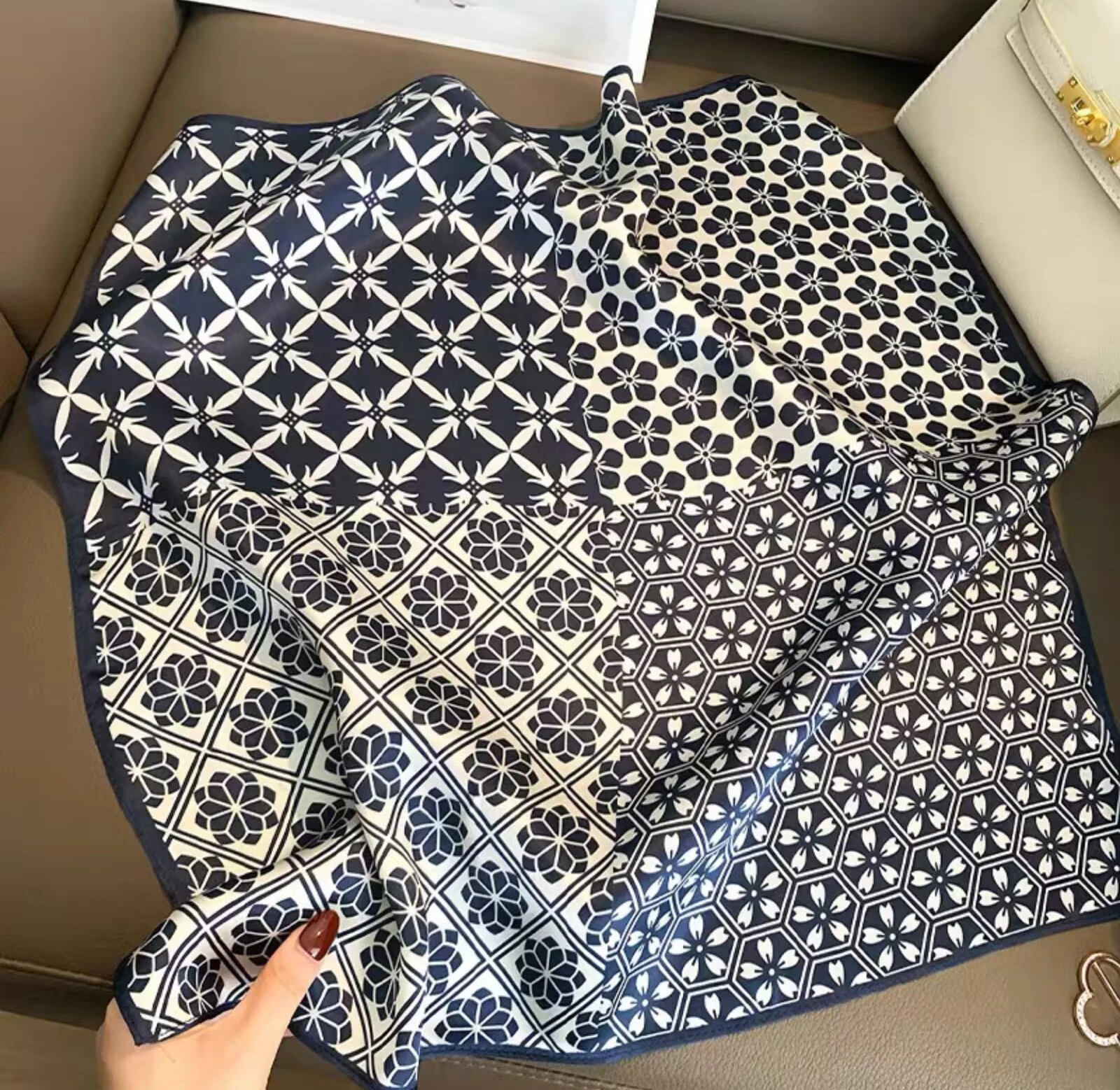 

100% Pure Silk Geometric Floral Patchwork Square Scarf Women Navy Blue White Bandana Neckerchief Daily Outfit Headband Soft Gift