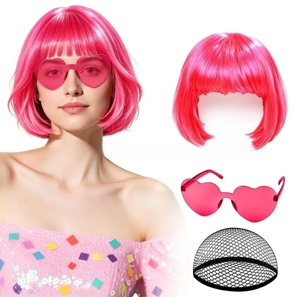 3Pcs Colorful Short Bob Hair Wig Christmas Halloween Role-playing Short Hair Wig Party with Hairnet and Glasses Cosplay Wig Set