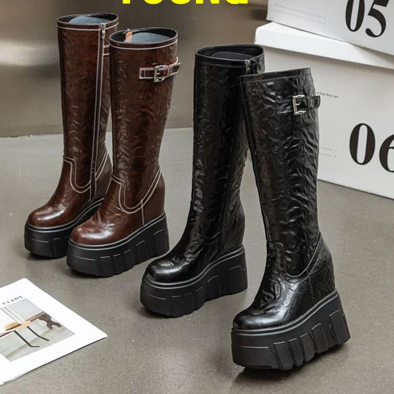 Fashion Pleated PU Leather Mid Calf Boots Women Autumn Thick Bottom Flat Platform Long Boots Female High Heels High Tube Shoes