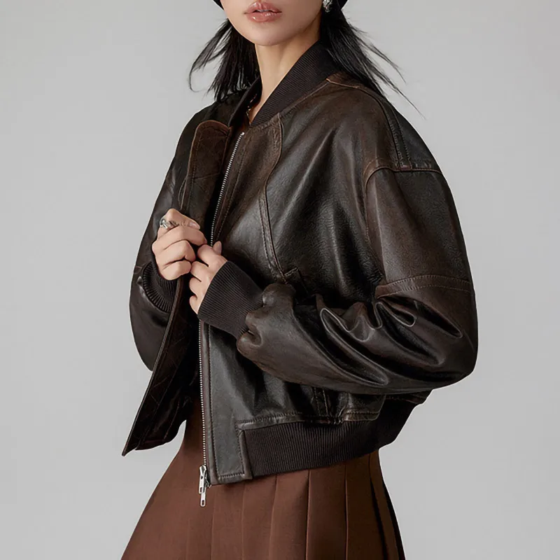 Veste décontractée en cuir véritable pour femmes, veste de travail en peau de mouton, veste en cuir de baseball rétro, automne et hiver