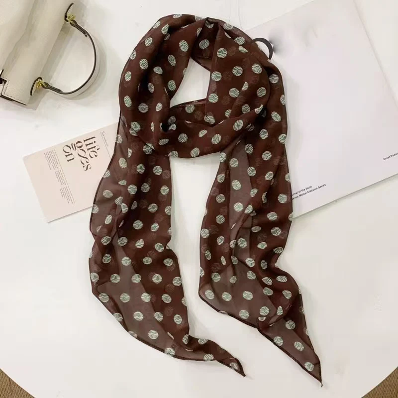 

Korean Style Brown Chiffon Polka Dot Silk Scarf Women Multifunctional Neck Tie Headband Hair Towel Accessory Ins Style