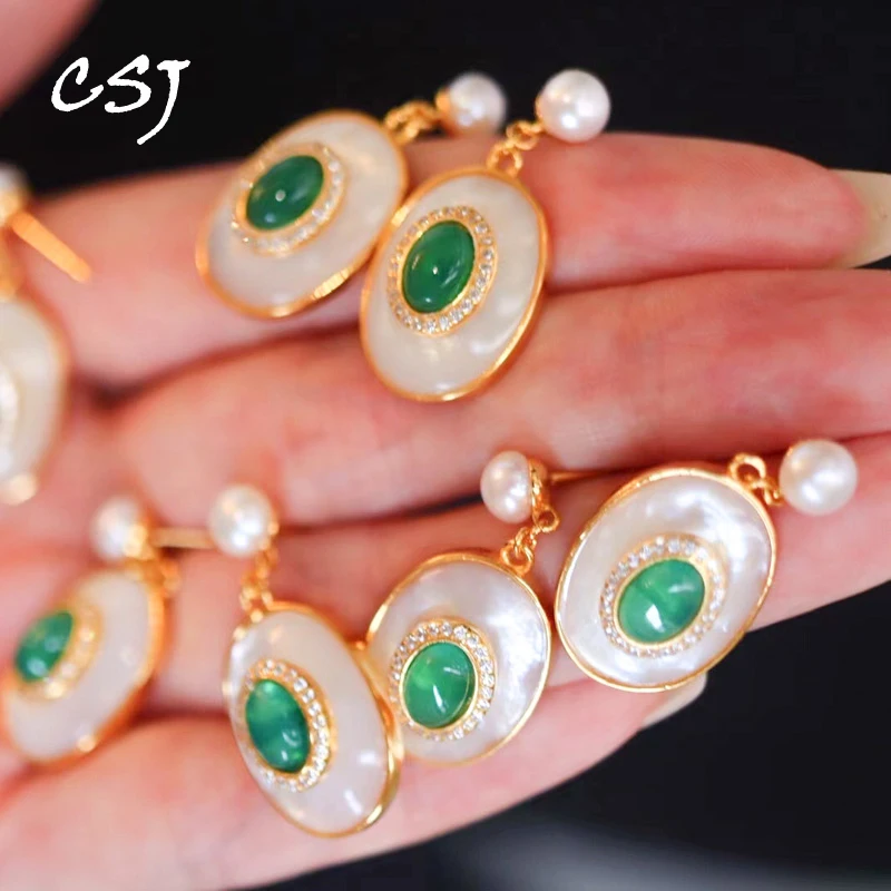 

CSJ Trendy Natural Green Agate Earrings Sterling 925 Silver White Shell for Women Birthday Party Christmas Jewelry Gift