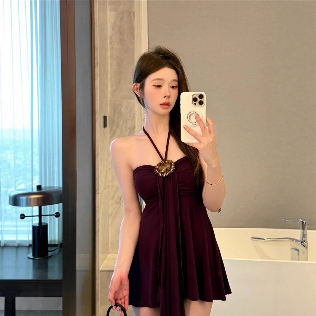 Robe Courte Femme Pure Desire à Col Noué Violet, Style Cache-Cœur, Taille Haute Amincissante, Jupe Courte Évasée, Tendance Printemps