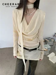 CHEERART Cowls Yellow Flare Long Sleeve Blouse Women Designer Fashion Top With Necktie 2024 Spring Trending Clothing