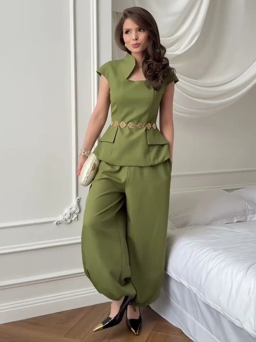 

BJTZ 2026 Women Elegant Square Neck Short Sleeve Top Jogger Pants Casual Two Piece Set Outfit Tracksuit