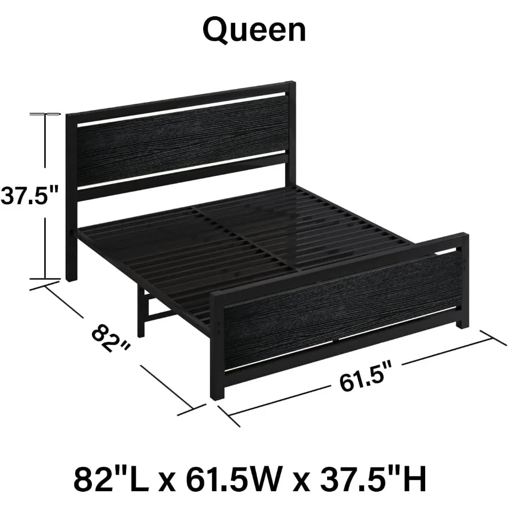 Queen bed frame with wooden headboard, queen size bed frame, metal queen size bed frame with strong steel bar support, black