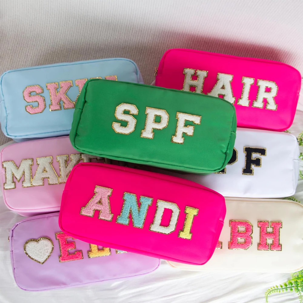 

Multi-color Nylon Makeup Pouches Travel Cosmetic Bag 4 Sizes Chenille Letter Patch DIY Waterpoof Toiletry Bag Makeup Organizer